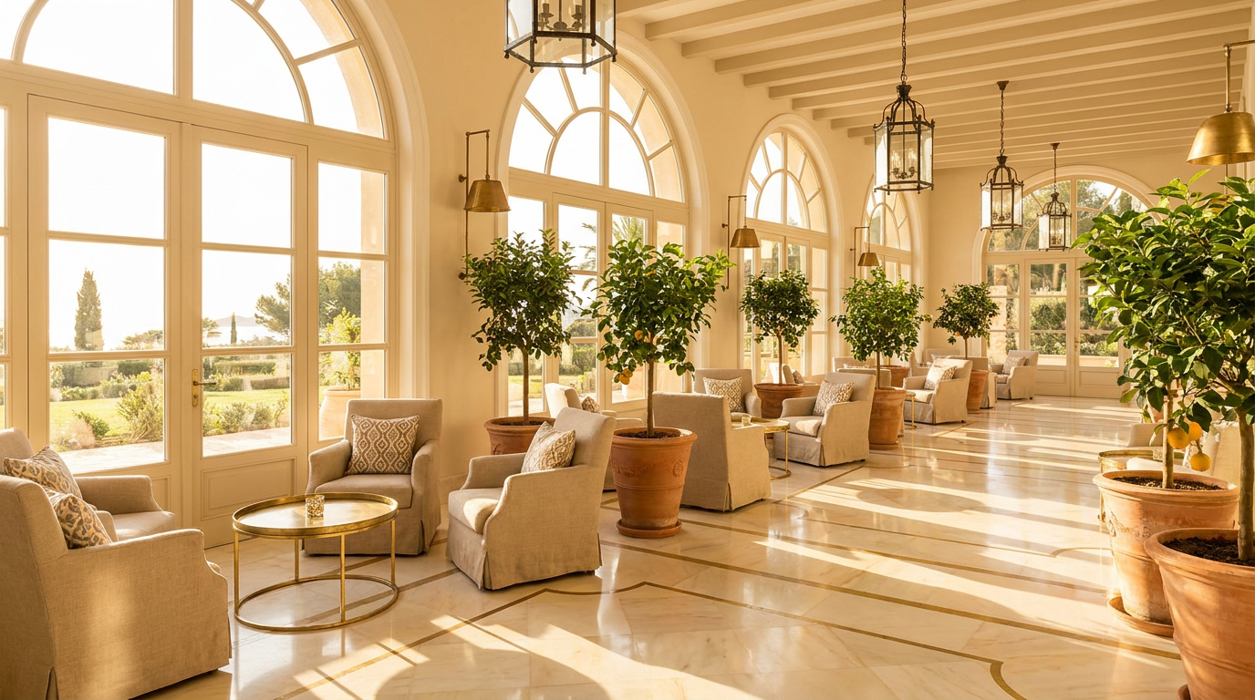 Bright Mediterranean hotel lobby lounge